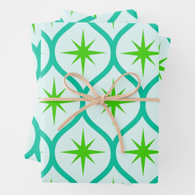 Mid Century Green Starbursts on Ogee Pattern  Wrapping Paper Sheet (In situ)
