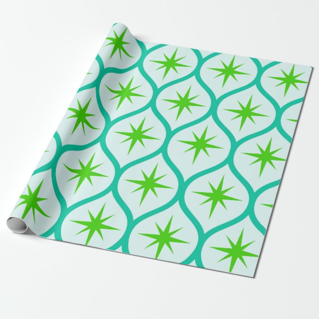 Mid Century Green Starbursts on Ovals Pattern  Wrapping Paper (Unrolled)