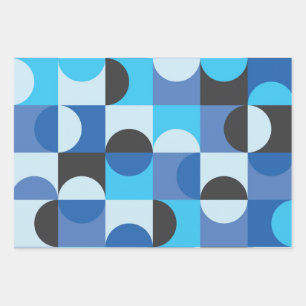  Mid Century Half circles Blue Turqouise Black  Wrapping Paper Sheet