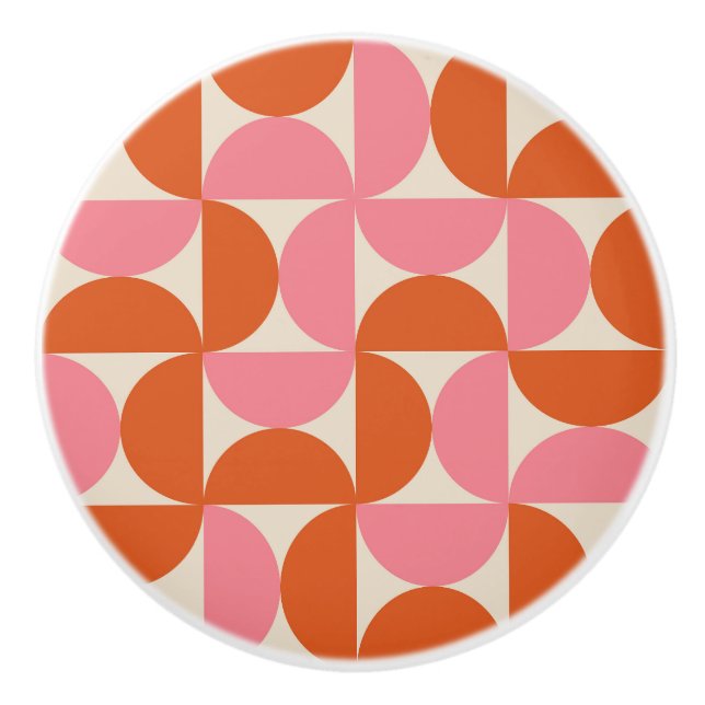 Mid Century Half Circles Pink and Orange  Ceramic Knob (Front)