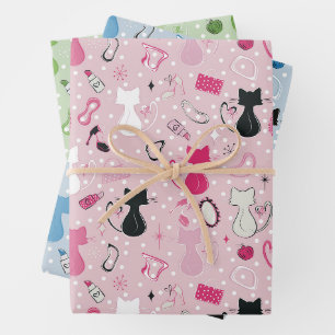 Mid Century Heart Cats Wrapping Paper Sheet