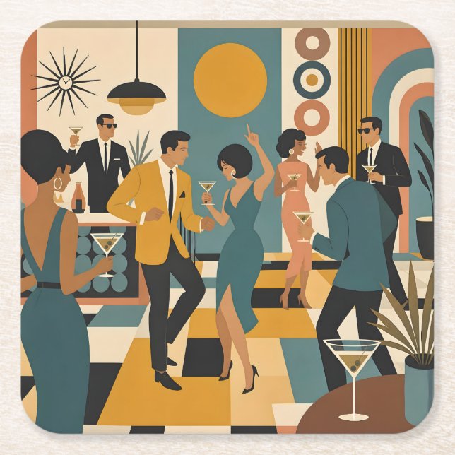 Mid Century Hip Martini Dance Party Square Paper Coaster (Front)