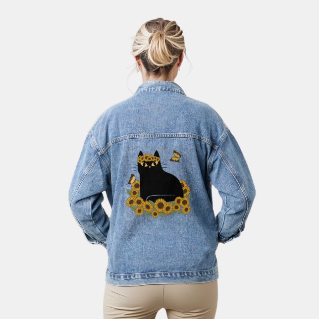 Mid Century hippie black cat Denim Jacket (Model)