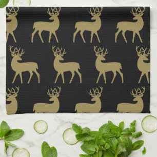 Mid Century Holiday Deer Pattern Black and Gold Tea Towel