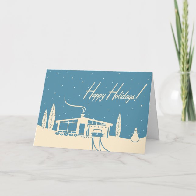 Mid-Century House Editable Christmas Card: Blue Holiday Card (Front)
