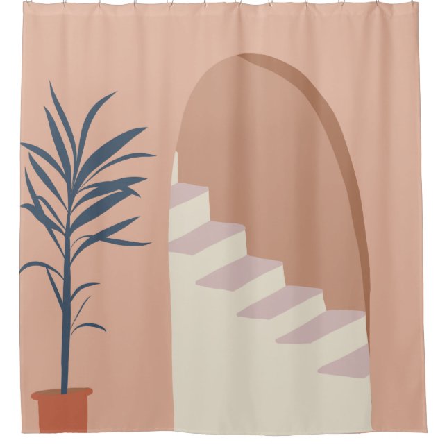 Mid Century Illustration Terracotta Bohemian Shower Curtain (Front)