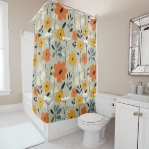 Mid Century Inspired Floral Pattern Shower Curtain