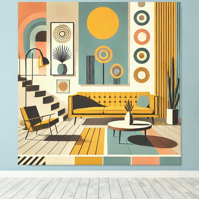 Mid Century Interior Design Dessert Livingroom Canvas Print (Insitu(Wood Floor))