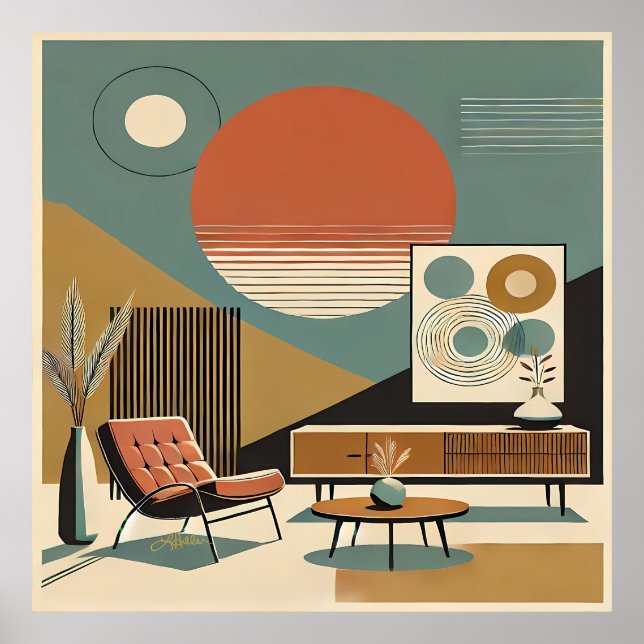 Mid Century Interior Design Sunrise Livingroom Poster (Front)