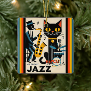 Mid Century Jazz Age HepCat Black Cat Ceramic Ornament