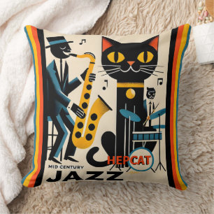 Mid Century Jazz Age HepCat Black Cat Cushion