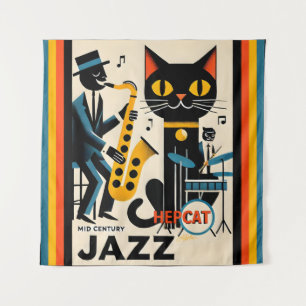 Mid Century Jazz Age HepCat Black Cat Tapestry