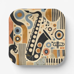 Mid Century Jazz Age Minimalist Art Saxophone Paper Plate