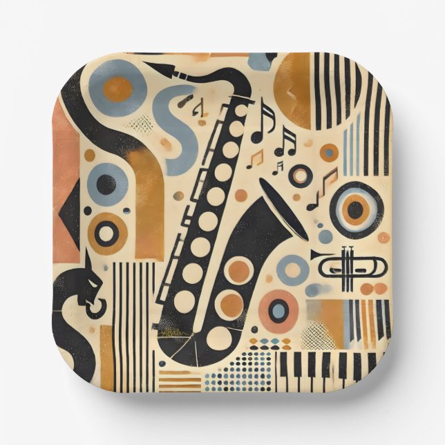 Mid Century Jazz Age Minimalist Art Saxophone Paper Plate (Front)