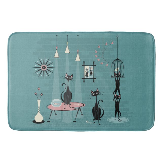 Mid Century Kitty Family Mischief ©studioxtine Bath Mat (Front)