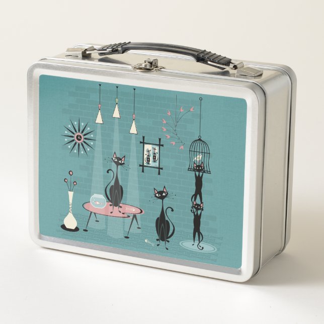 Mid Century Kitty Family Mischief ©studioxtine Metal Lunch Box (Front)