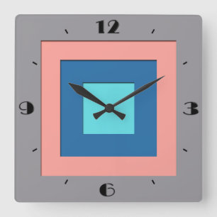 Mid-Century layered squares - grey, peach & blue Square Wall Clock