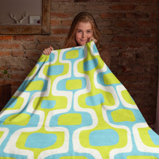 Mid-Century Lime and Aqua Ovals and Circles Fleece Blanket