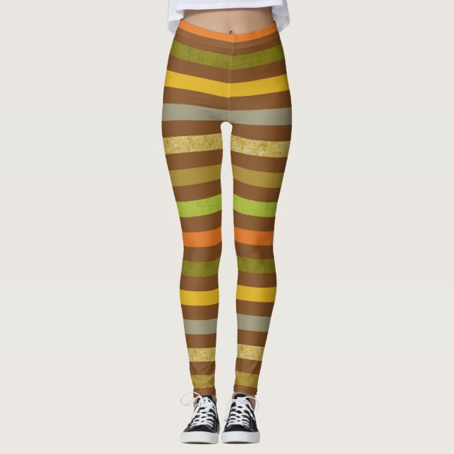 Mid Century Look Brown & Green Stripes Pattern Leggings (Front)