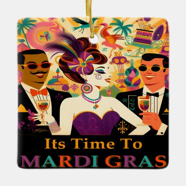 Mid Century Mardi Gras Cocktail Party Ceramic Ornament (Front)