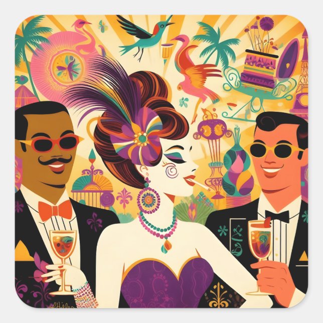 Mid Century Mardi Gras Cocktail Party Square Sticker (Front)