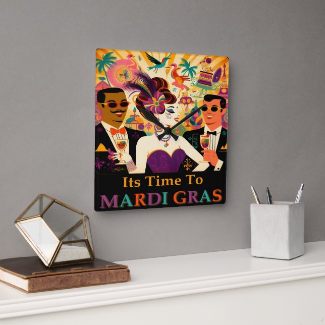 Mid Century Mardi Gras Cocktail Party Square Wall Clock (Office)