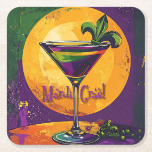 Mid Century Mardi Gras Sunset Fleur De Lis Martini Square Paper Coaster
