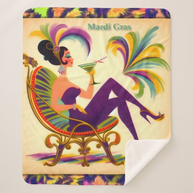 Mid Century Mardi Gras Woman With A Martini Sherpa Blanket (Front)