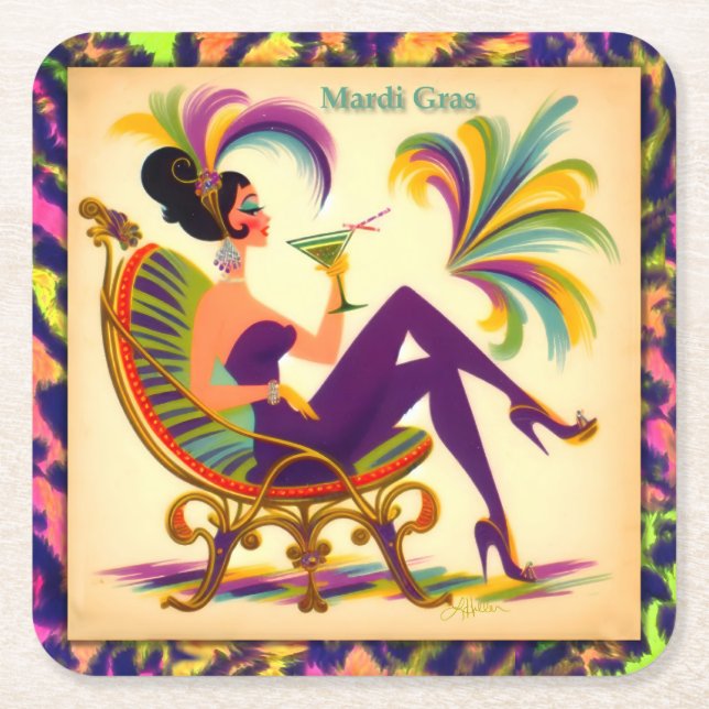 Mid Century Mardi Gras Woman With A Martini Square Paper Coaster (Front)
