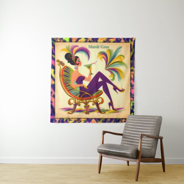 Mid Century Mardi Gras Woman With A Martini Tapestry (In Situ)
