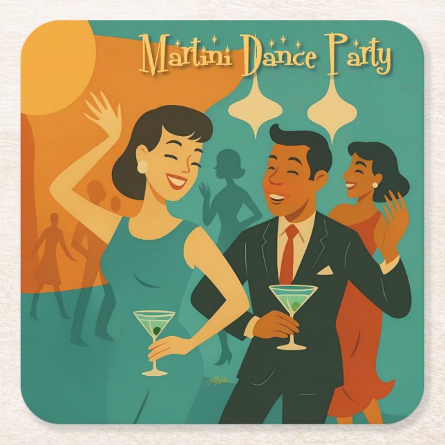 Mid Century Martini Dance Party Square Paper Coaster (Front)
