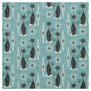 Mid Century Meow Retro Atomic Cats on Blue Fabric