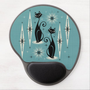 Mid Century Meow Retro Atomic Cats on Blue Gel Mouse Mat