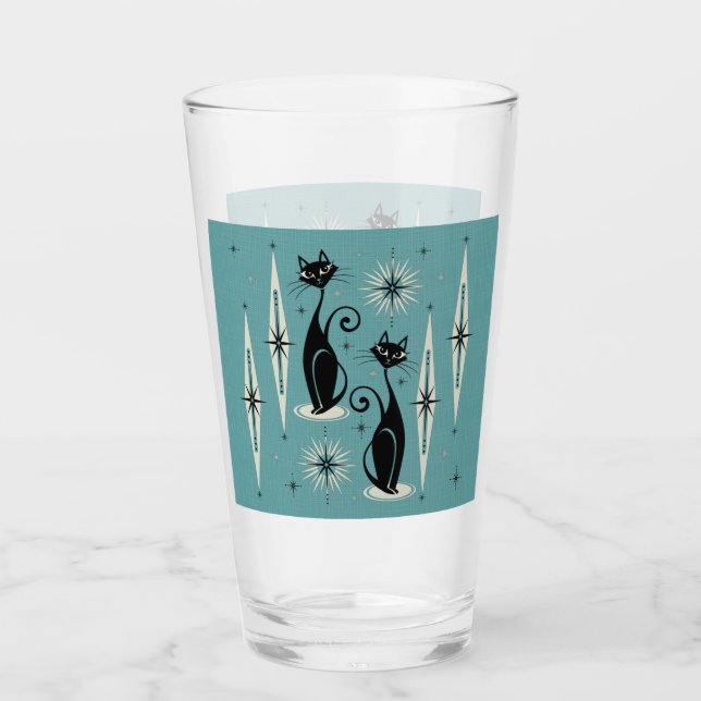 Mid Century Meow Retro Atomic Cats on Blue Glass (Front)