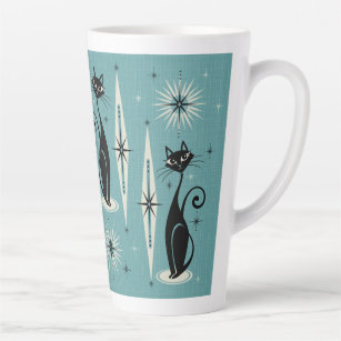 Mid Century Meow Retro Atomic Cats on Blue Latte Mug