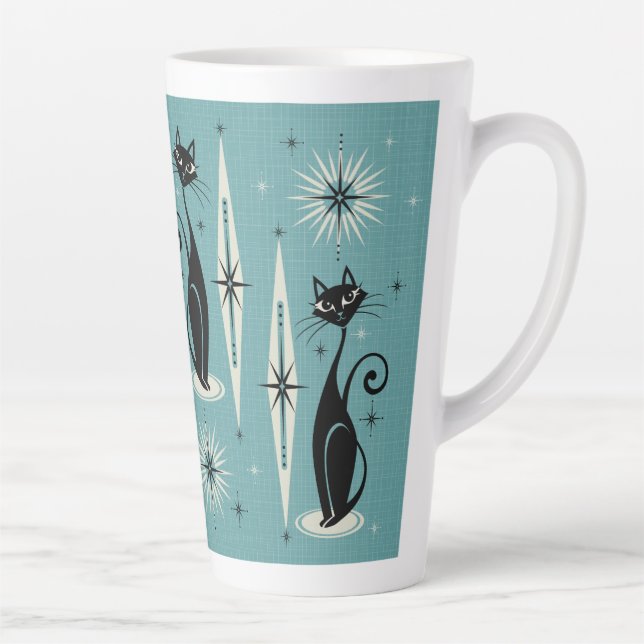 Mid Century Meow Retro Atomic Cats on Blue Latte Mug (Right)