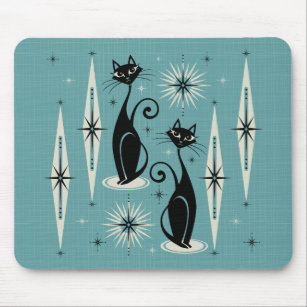 Mid Century Meow Retro Atomic Cats on Blue Mouse Mat