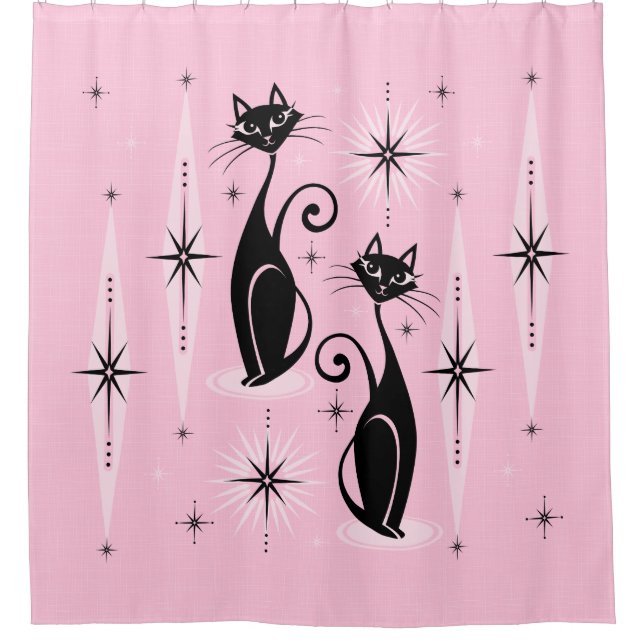 Mid Century Meow Retro Atomic Cats on Cool Pink Shower Curtain (Front)