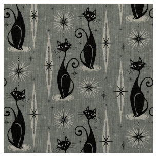 Mid Century Meow Retro Atomic Cats on Grey Fabric