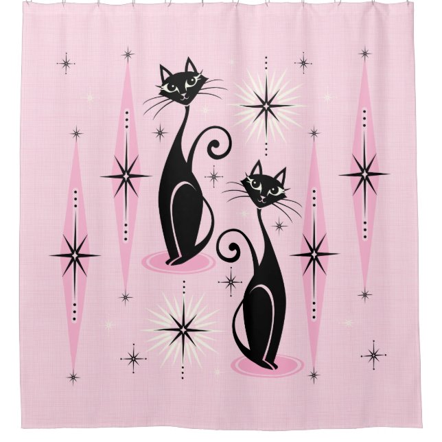 Mid Century Meow Retro Atomic Cats on Lt Cool Pink Shower Curtain (Front)