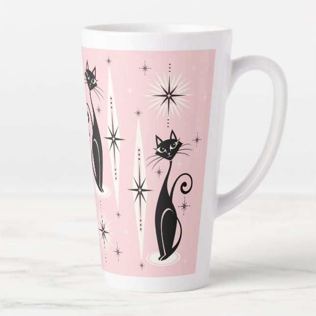 Mid Century Meow Retro Atomic Cats on Warm Pink Latte Mug (Right)