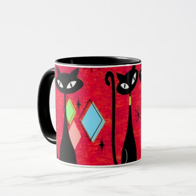 Mid Century Meow Retro  Black Cats  Mug (Front Left)