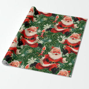 Mid-Century Merry: Vintage Running Santa in Green Wrapping Paper