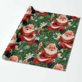 Mid-Century Merry: Vintage Running Santa in Green Wrapping Paper