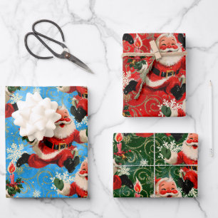 Mid-Century Merry: Vintage Running Santa Trio Wrapping Paper Sheet
