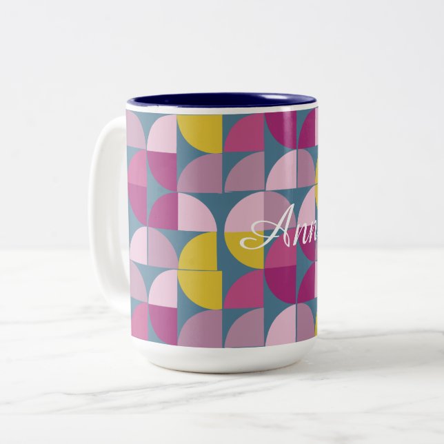 mid century mild psychedelic purple pink colours  Two-Tone coffee mug (Front Left)