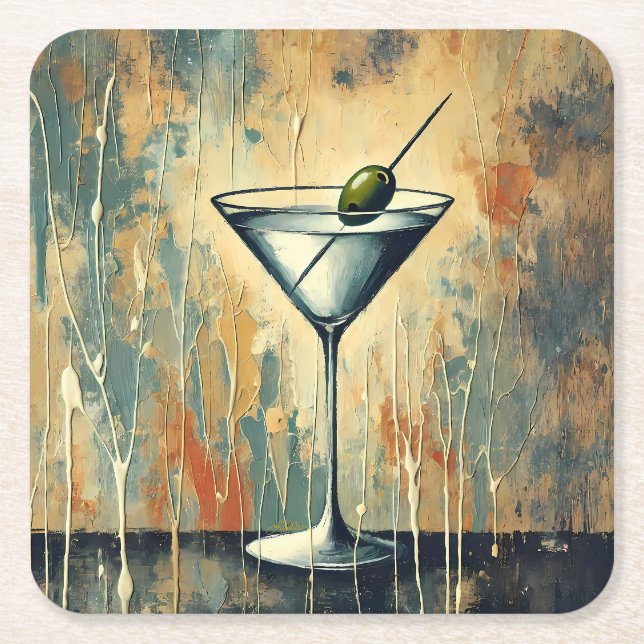 Mid Century Mixed Media Martini Art Square Paper Coaster (Front)