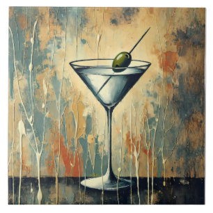 Mid Century Mixed Media Martini Art Tile