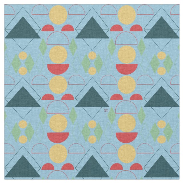Mid Century Mod Blue Geometric Fabric (Close Up)
