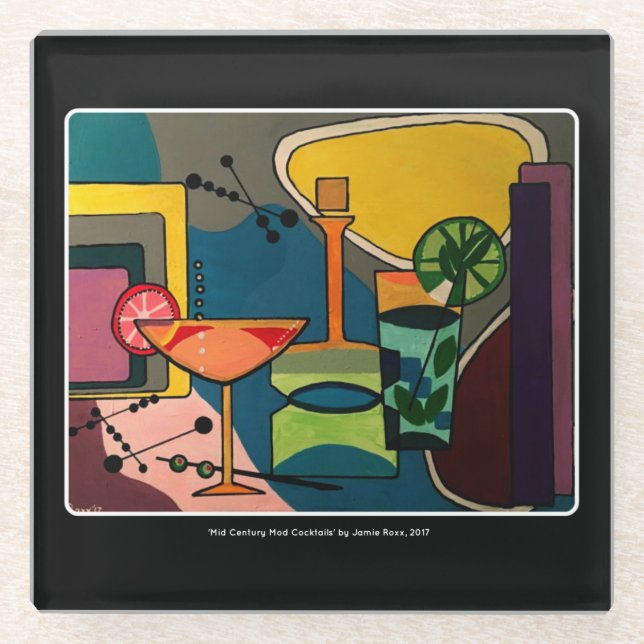 'Mid Century Mod Cocktails' painting on a Glass Coaster (Front)